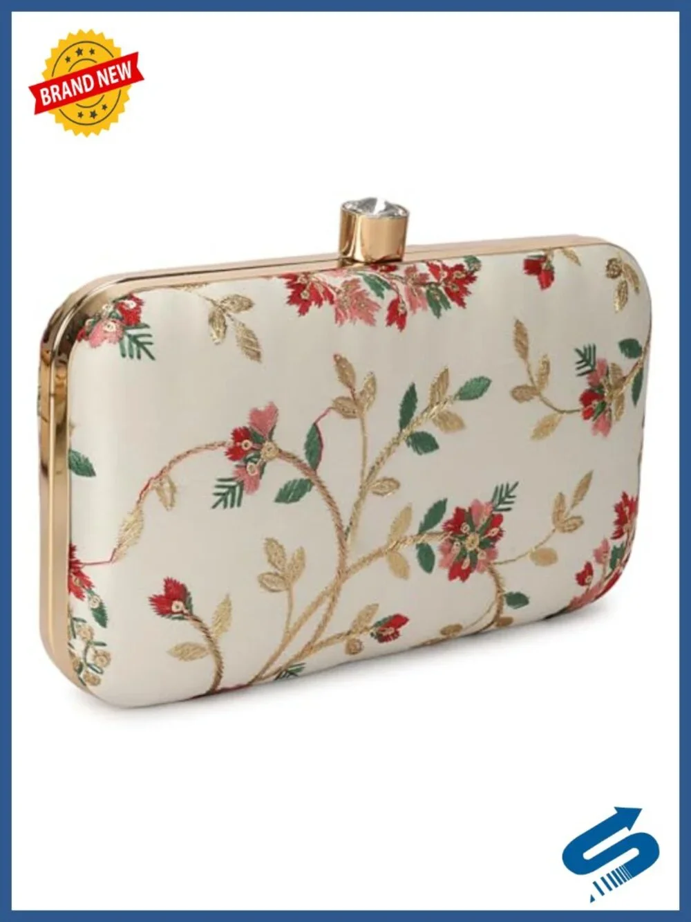 Handcrafted Zari Embroidered Box Clutch with Crystal Clasp & Gold Chain Strap
